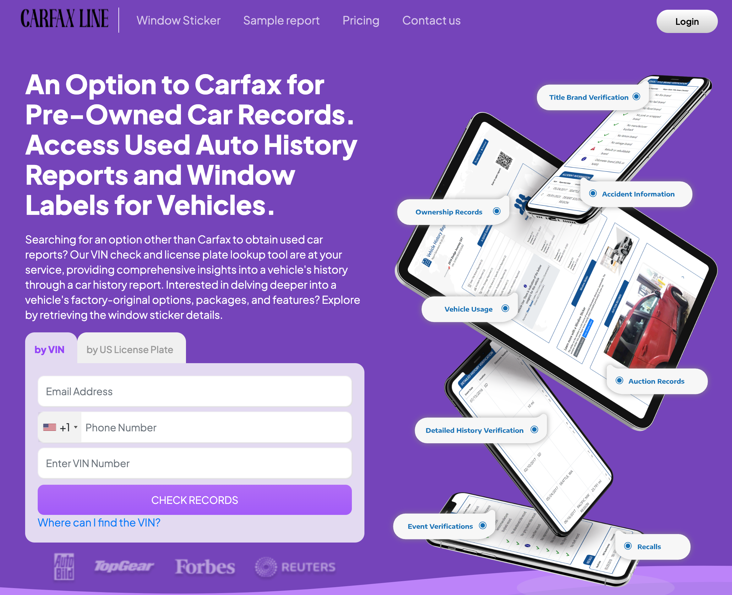 Approved website for vehicle history reports