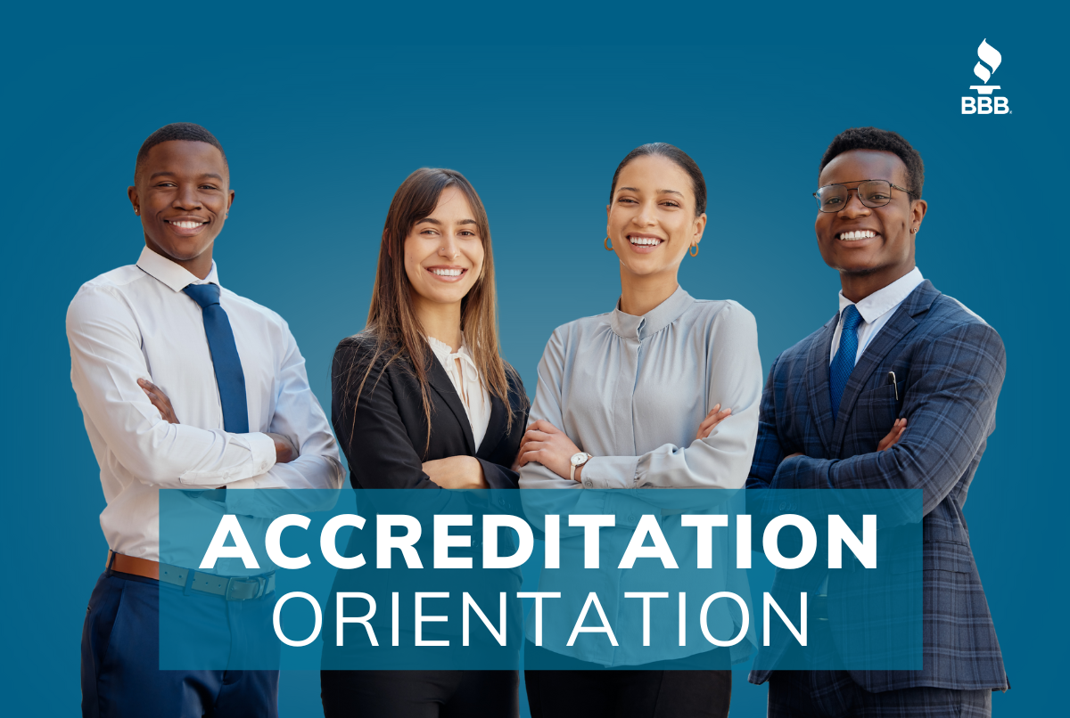BBB serving the Heart of Texas's Accreditation Orientation white letters on blue background