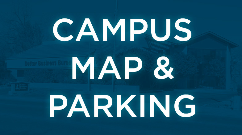 White text over blue background: Campus map & parking