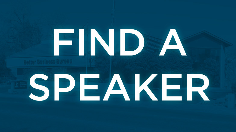 White text over blue background: Find a speaker