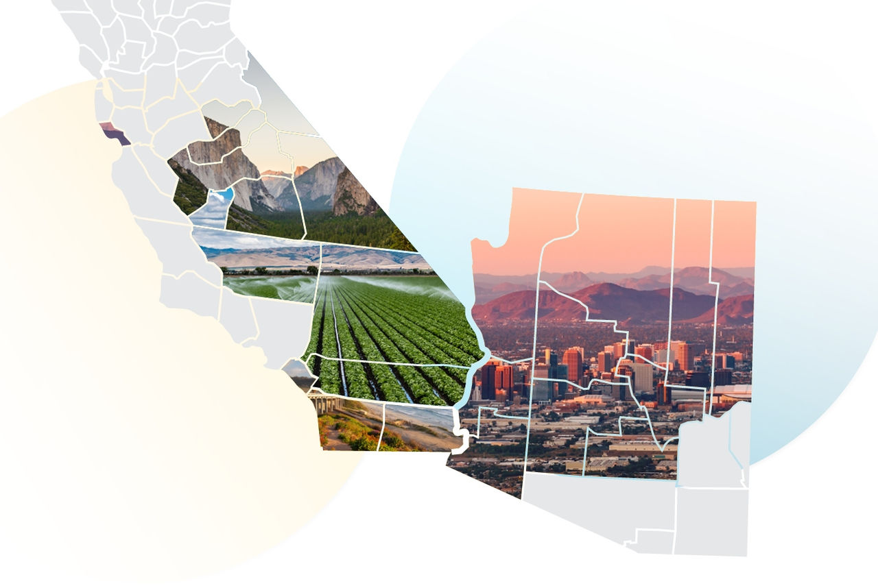 an illustration of the states of Arizona and California with the counties of our service area filled in