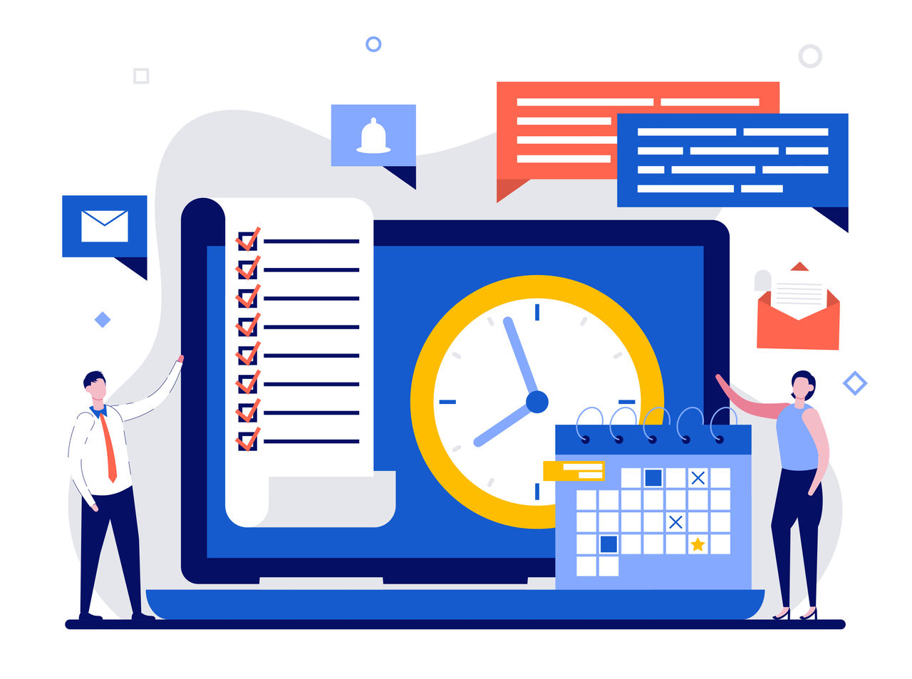 Time management and calendar concept with character. Making tasks and meetings reminders flat vector illustration. Laptop computer with planning software on screen, clock, mail, documents and charts.
