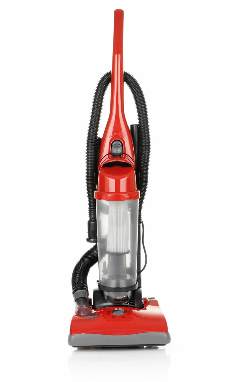 Modern bagless vacuum cleaner, front view, isolated on white. More views...