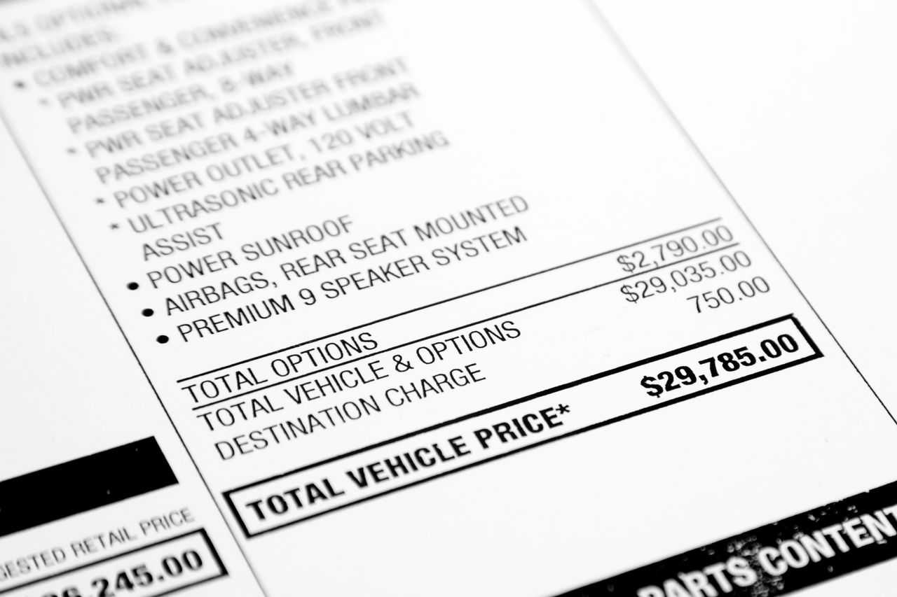 A window sticker off a modern car showing the options and total vehicle price.