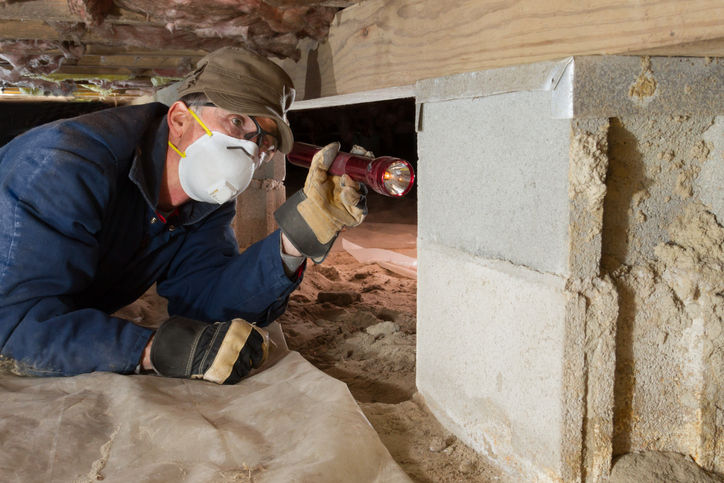 Termite inspector in residential crawl space inspects a pier for termites.