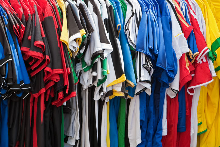 Colorful soccer jerseys.