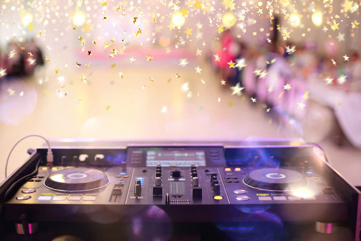 Empty hall during party or wedding celebration with dj mixer and space for text