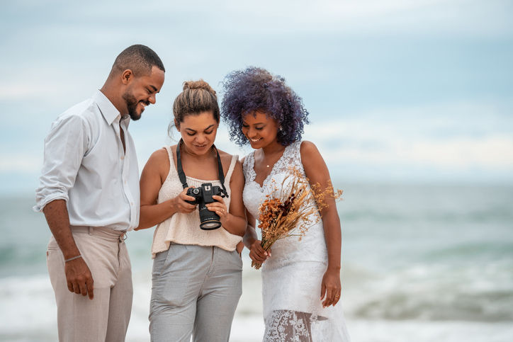 Photographer, Grooms, Looking, Camera, Beach