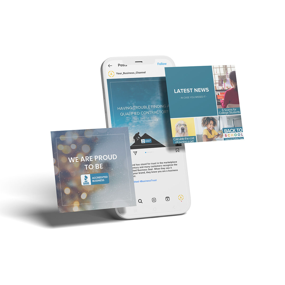 arrow ai facebook post graphic showing cell phone with content and BBB accredited business logo