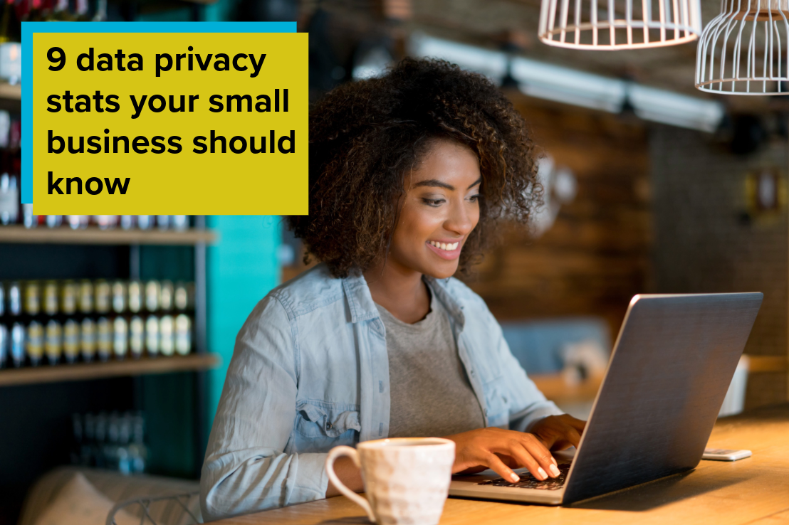 Woman at coffee shop using laptop with caption 9 data privacy stats your small business should know