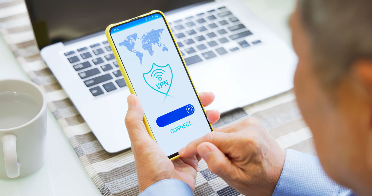 Closeup top view asian elderly use VPN connect Internet - technology