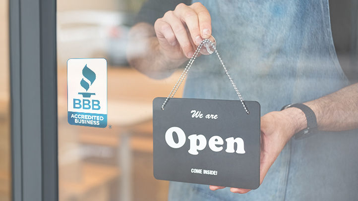 Store open sign with BBB Accredited Business Seal