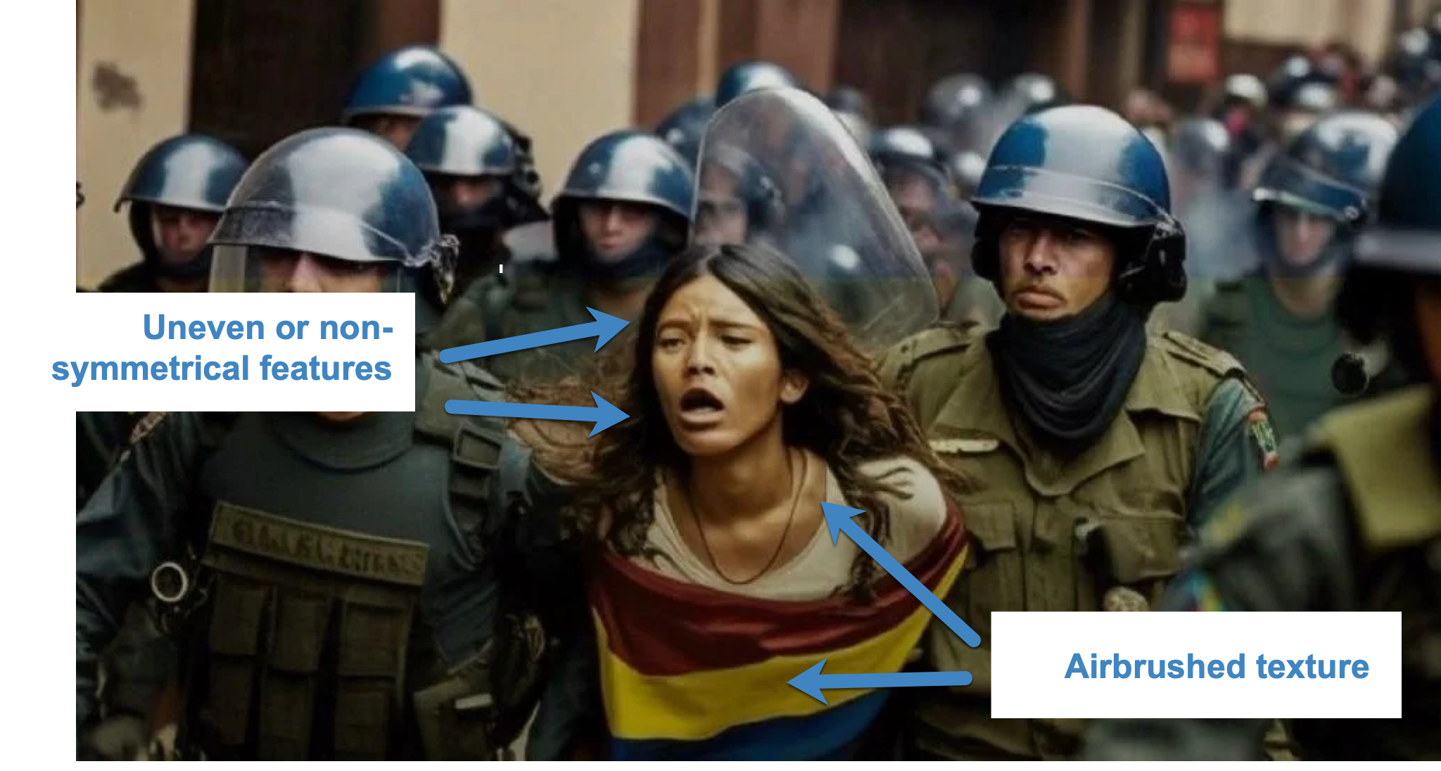 A girl being led away by soldiers where the girl hasb been put into the image using AI and has uneven features and an airbrushed texture