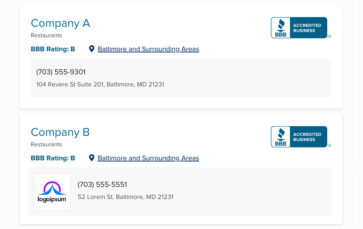 Example of Business Profiles with and without logos