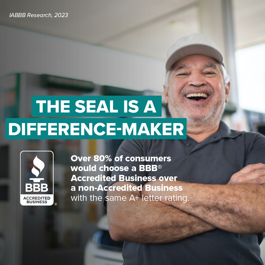 man smiling with BBB Accredited Business Seal on overlay: the seal is a difference-maker