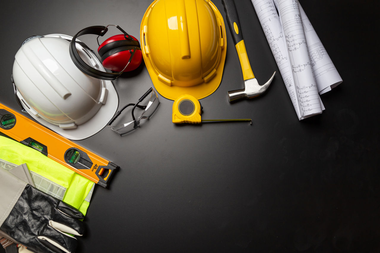 Hard hat, hammer and other construction items