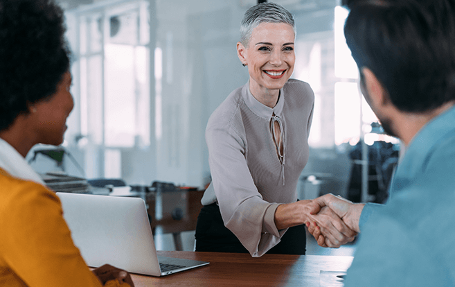Business consultant woman shaking hand across desk of business people