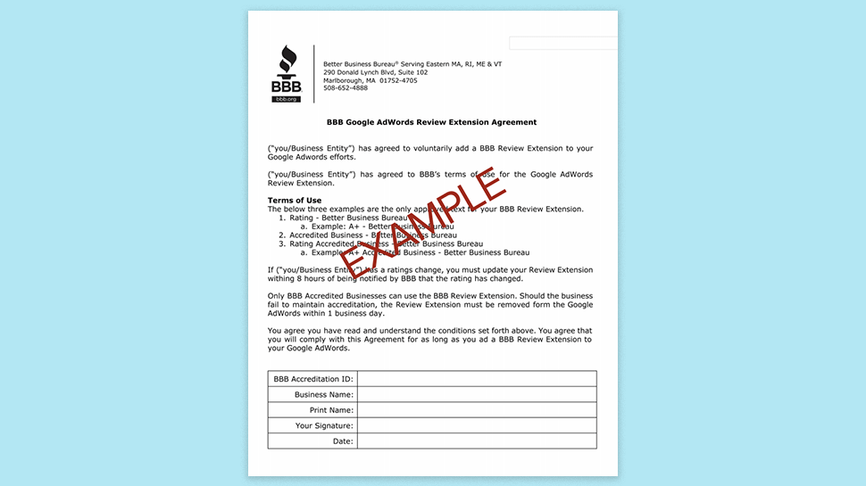 Sample BBB Google AdWords Review Extension Agreement