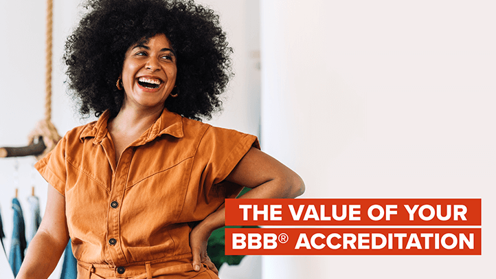 Woman laughing with "The value of BBB Accreditation" text