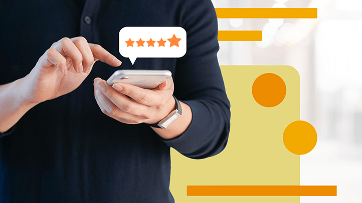 Man looking at 5 star reviews on cell phone