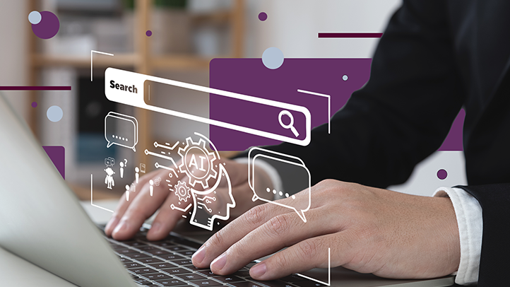 Person typing on laptop with search engine and AI floating icons