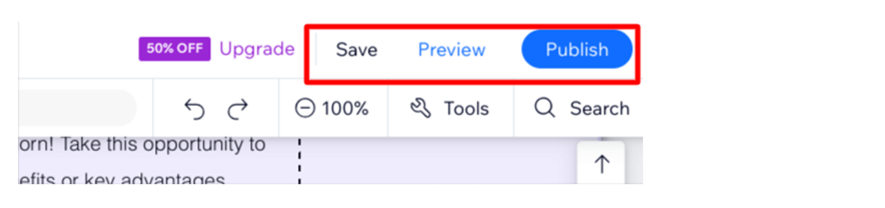 Save, preview or Publish options for website