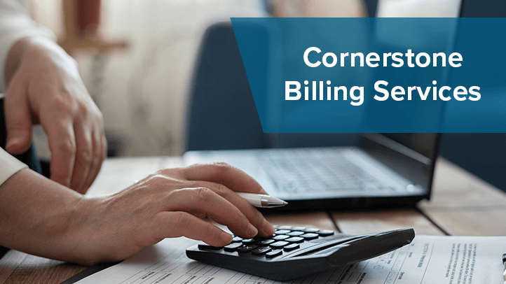 Person using calculator for billing with Cornerstone Billing Services BBB Member Benefit Story link
