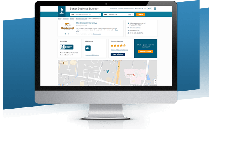 Example of reviews and rating on BBB Business Profile on computer