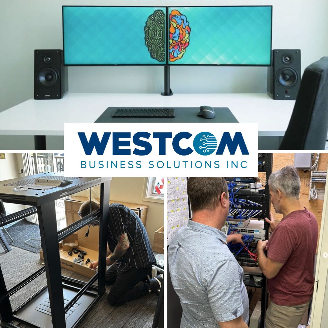 Westcom Business Solutions logo and photo of computer systems