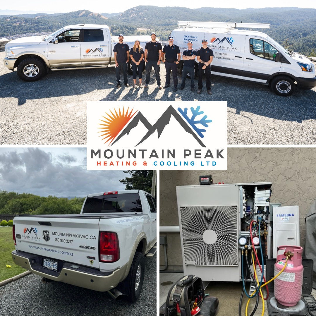 Mountain Peak Heating & Cooling logo over pictures of hvac systems and staff that work at company