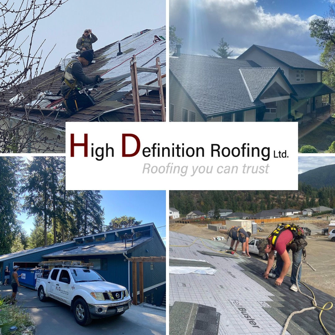 High Definition Roofing logo over picture of roofs company has installed