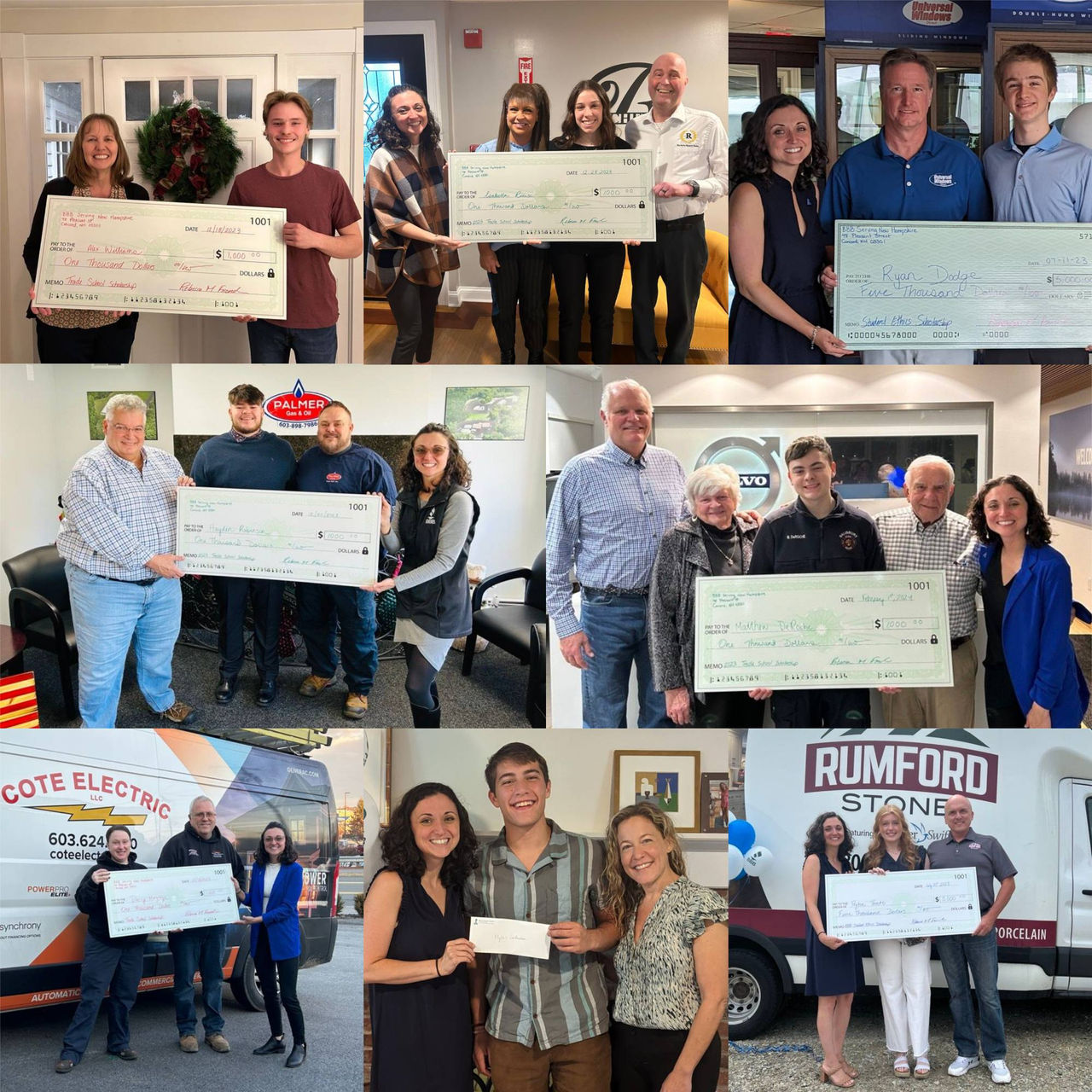 collage of photos of check presentations of past scholarship recipients. 