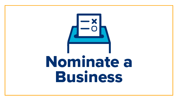 White background with dark blue text reading "Nomination a business" with white and blue ballot box icon