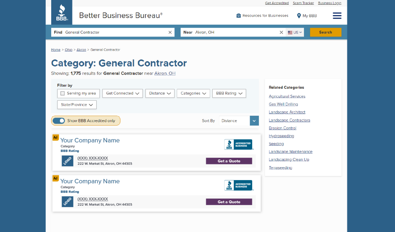 general contractor bbb category page