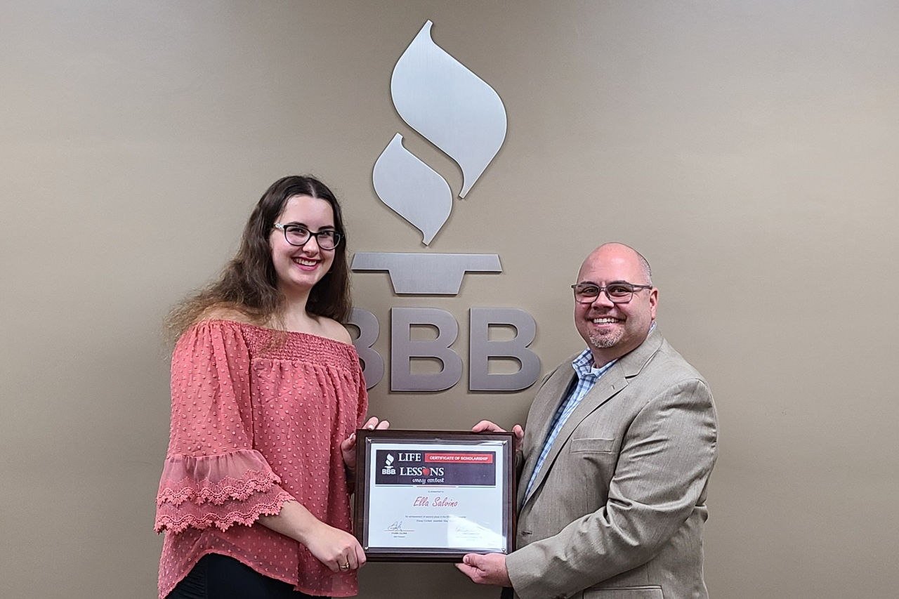 Ella Salvino receives scholarship award from Dan Lowmiller BBB Charitable Fund Board Chair