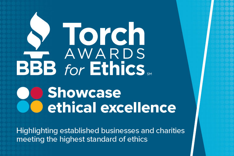 Torch Awards for Ethics logo on blue background with copy "Showcase ethical excellence. Highlighting established businesses and charities meeting the highest standard of ethics"