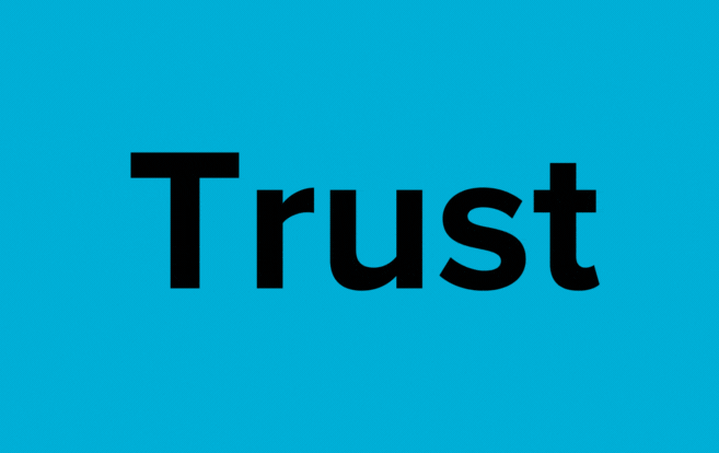 Gif rotating between black text "ethics", "trust" and the BBB logo on blue background