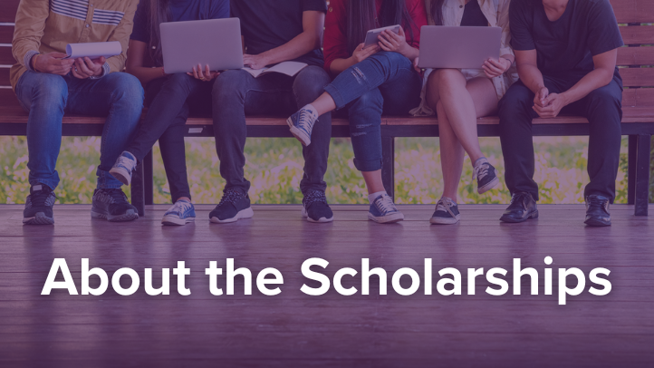 image of people's shoes sitting on a bench with purple overlay and text "About the Scholarship"
