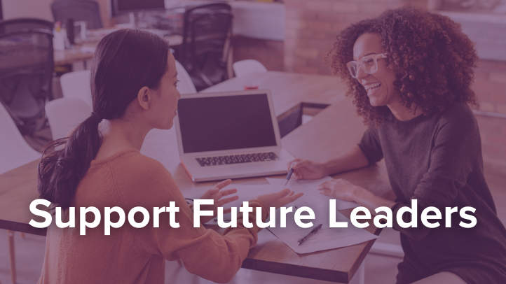 image of two women talking near a laptop with purple overlay and text "Support Future Leaders"