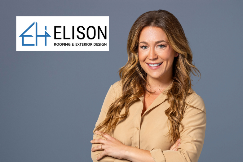 false Elison Roofing & Exterior Design logo with headshot of Kari Egbers, Owner/CEO