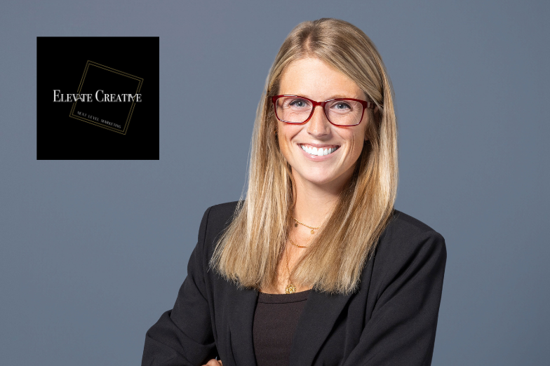 false Elevate Creative Co. logo with headshot of Kiersten Beatty, Founder/Owner