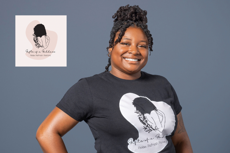 Gifts of a Goddess logo with headshot of Shamyah Matthews, Licensed Massage Therapist/CEO