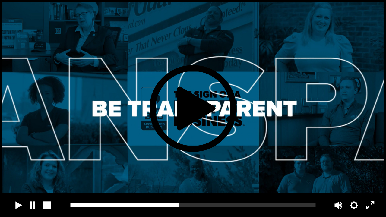 blue overlay with text "be transparent" and video play button