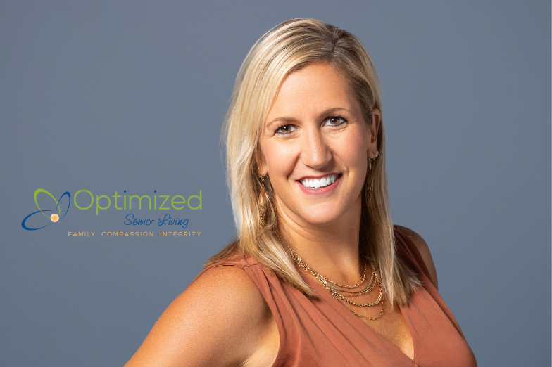 false Optimized Senior Living logo with headshot of Lindsay McLaughlin, Founder & CEO