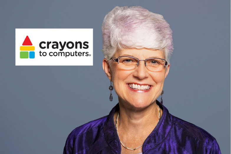 Crayons to Computers logo with headshot of Amy Cheney, President & CEO