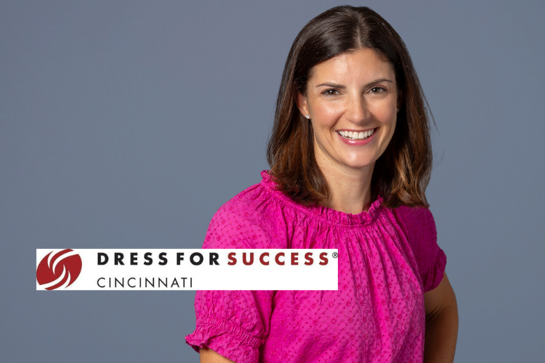 false Dress for Success Cincinnati logo with headshot of Lisa Nolan, President & CEO
