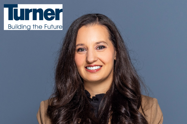 Turner Construction Company logo that reads "Turner: Building the Future" on white background next to headshot of Erin Mignano, Vice President/General Manager