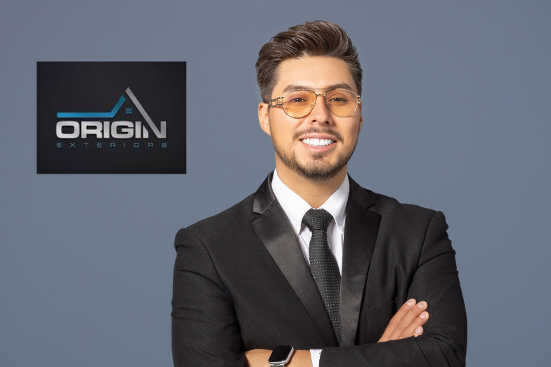 Origin Roofing and Exteriors logo with headshot of Edgar Silva, Owner