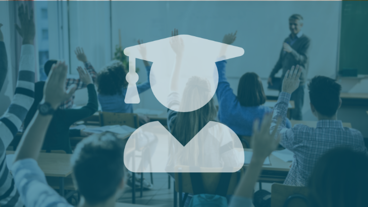 Image of students in class raising hands with blue tint and graduate icon overlaid