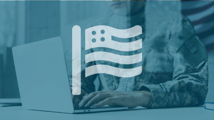 Image of military personnel on laptop with blue tint and American flag icon overlaid